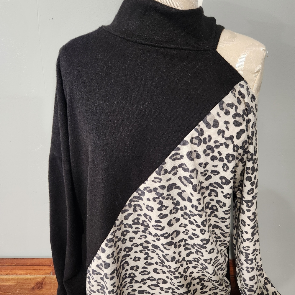 BiBi Black and Cream Leopard Print Turtleneck Sweater